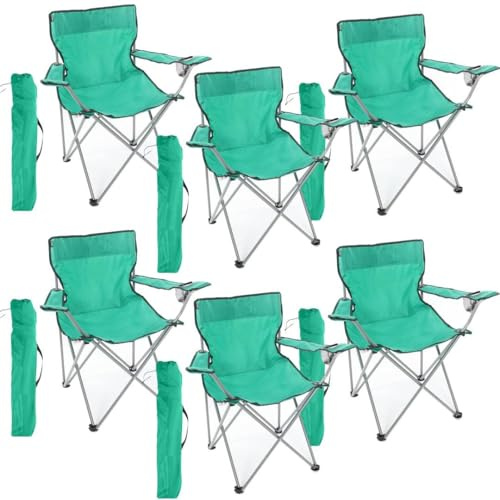 LOVETRENDS Green Folding Camping Chairs with Cup Holder - Pack of 6 - Lightweight Outdoor Chairs with Carry Bag for Fishing, Festivals, Camping Trips, Picnics & Activities