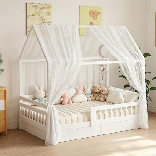 BOFITENG 2 Stück Hausbett Himmel 350 x 150 cm Weich und Atmungsaktiv Baldachin Kinderzimmer Deko Betthimmel Hausbett Traumhafte Hausbetts Deko & Himmelbett Vorhänge (Weiß, 350X150, Netzvorhang)