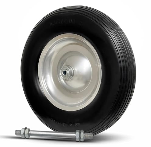 TAMS® Schubkarrenrad Vollgummi mit Achse grau Schubkarrenreifen 4.80/4.00-8 Metallfelge Pannensicher Ersatzrad Rad