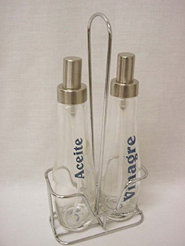 JUEGO ACEITERA VINAGRERA ACEITE VINAGRE CRISTAL CURVA EMBOLO SPRAY 320ML LETRERO FROST AZUL