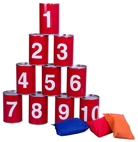 Büchsenwurfspiel für Kinder mit 10 nummerierten Dosen & 3 Sandsäckchen – Dosenwerfen Wurfspiel für Garten, Geburtstag, Outdoor, Camping – Spiel ab 3 Jahren
