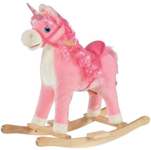 HOMCOM Kids Plush Rocking Horse Ride On Unicorn w/Sound Moving Mouth Wagging Tail Children Rocker Toy Gift 3-6 Years Pink