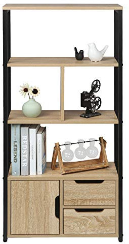 WOLTU Standregal Bücherregal Bücherschrank Küchenregal Büroregal Schuhregal Eisenrahmen Regal mit Schrank und Schubladen für Büro, Wohnzimmer, MDF Metall 58x24x120cm, Hell Eiche RGB09hei