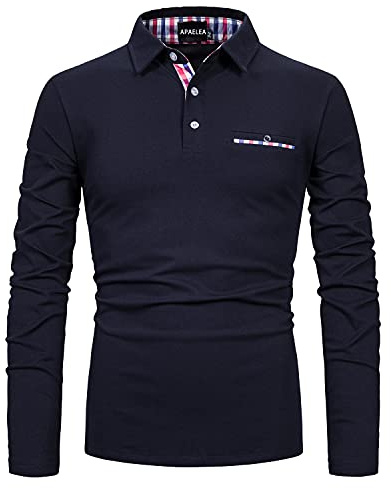 APAELEA Men's Long Sleeve Polo Shirt Casual Rugby Shirts with Plaid Down Collar,Navy,XL