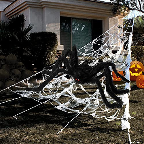 Halloween Decorations - 295 Halloween Spider Web Decorations Outdoor + 59 Giant Fake Spider with Triangular Huge Spiders Web - Scary Decor Clearance for Yard, Patio, Garden, Haunted House Décor