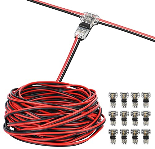 65.6ft 22 Gauge AWG LED Extension Cable Wire Cord and 12 Pcs 3 Way Wire Connectors T Tap Low Voltage 2 Pin Small Wire Connectors No Wire Stripping