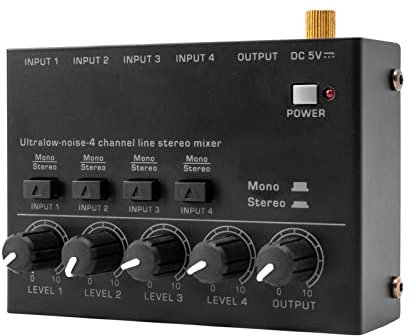Btuty - Mixer stereo a 4 canali, 4 ingressi, 1 uscita DC, mixer audio per microfono, tastiera, basso, chitarra, per locali, bar, studio, palcoscenico