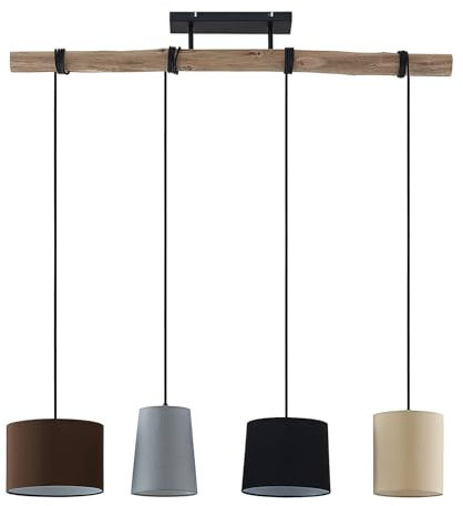 Lindby Esstisch Pendelleuchte Holz, Textil Balkenpendelleuchte Holzast und Stoff Lampenschirm Hängelampe Lampe Wohnzimmer 4x E27 ohne Leuchtmittel