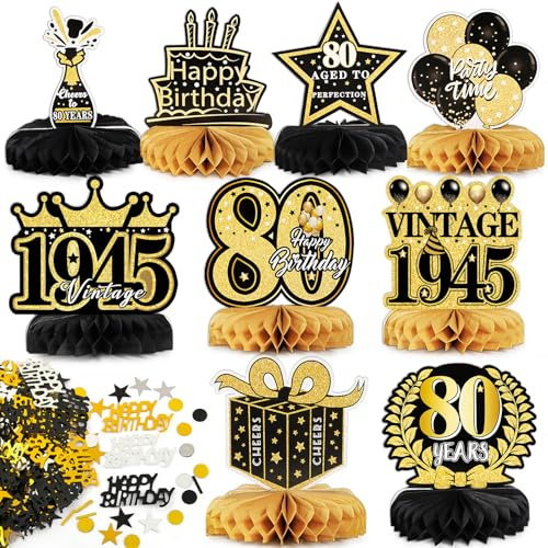 BETESSIN 80. Geburtstag Deko Männer Schwarz Gold - inkl. 9 Stück Bienenwabe Mittelstück und 15g Happy Birthday Konfetti - Tischdekoration zum 80. Geburtstag für Männer und Frauen