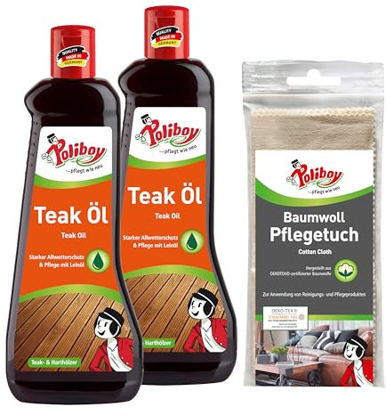 POLIBOY Teak Öl - Holzpflegeöl für dunkle Harthölzer - Holzschutz & Farbauffrischung - Ideal für Gartenmöbel - 2x 500ml - Mit Baumwolltuch - Made in Germany