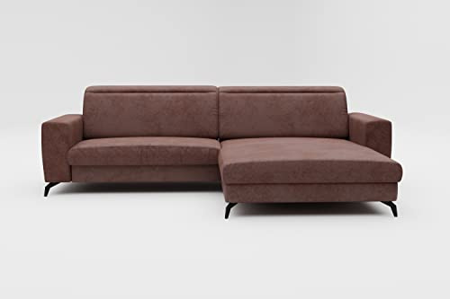 CAVADORE Ecksofa Bounce in Vintage-Leder-Optik / L-Form-Sofa mit Schlaffunktion, Bettkasten + Kopfteilverstellung / 290 x 88-108 x 178 / Mikrofaser, Dunkelbraun