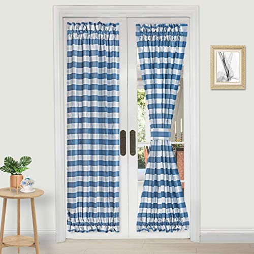 Fudaiki Set of 2 French Door Curtains with Rod Pocket Gingham Curtain for Doors Window Draperies Door Curtain Panels with Glass Window, Kitchen and Patio Doors for Privacy,Blue,54 W x 40 H