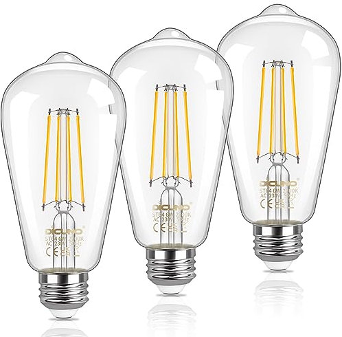 DiCUNO Edison Glühbirne E27 6W, Warmweiß 2700K, ST64 Filament LED Lampe, Ersatz 60W antike Halogen, 810LM, für Nostalgie und Retro Beleuchtung, 80Ra, Klarglas, 360°, nicht dimmbar, 230V, 3er Pack