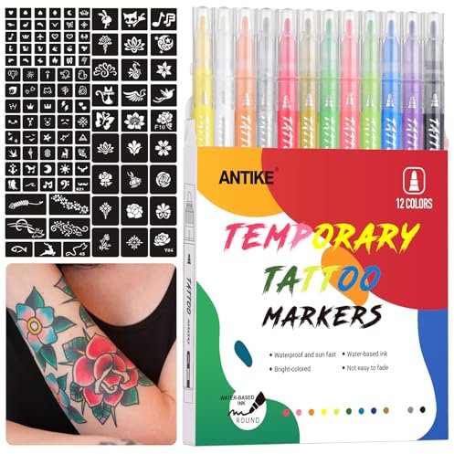 Penna per Tatuaggi Temporanei 12 Diversi Tatuaggi di Stile di Colore, Tatuaggi di Stile Disegnati a Mano, 108 Fogli per Stencil per Tatuaggi, Adatto per Pelle, Pietre