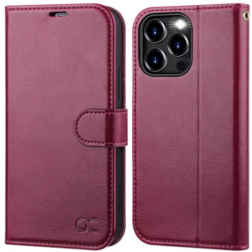 OCASE Kompatibel für iPhone 15 Pro Max Hülle Handyhülle [Premium PU Leder] [Kartenfach] [Standfunktion] RFID Schutzhülle Klapphülle Handytasche Lederhülle Burgundy