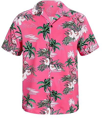 American Trends Hawaiian Shirts for Men Casual Button Down Beach Shirts Mens Short Sleeve Floral Flamingo Shirts Pink with Flamingo Small