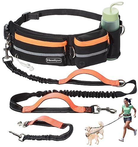 Heellpxi Hands-Free Waist Leash with Pouch for Two Dogs: Reflective Stitching, Dual Handle & Bungee Retractable Design – Ideal for Medium to Large Dogs (Orange) – Dog Walking Accessories