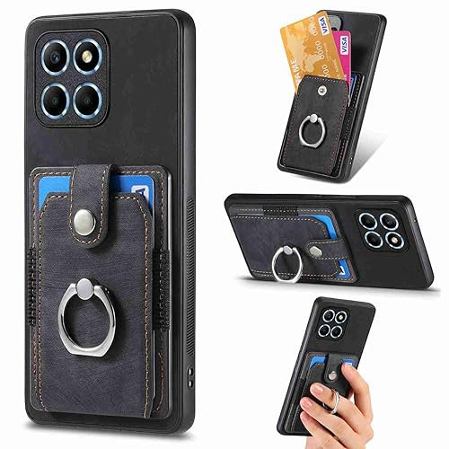 Knoowcase for Honor X6A Case Honor X6A Phone Case Wallet Shockproof Bumper with Ring Holder Card Slots PU Leather Cover Anit-Fall Anti-Drop Kickstand Back,Black