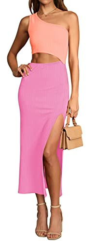 Viottiset Damen Sommer Ärmellos Kleider One Shoulder Seiten Schlitz Bodycon Freizeit Cut Out Maxikleid Strand Rosa Lila XS