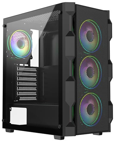 CiT Neo Black Airflow Mid-Tower PC Gaming Case ATX with Mesh Front Panel & Tempered Glass Side Panel with 4 x CiT Tornado Infinity 120mm ARGB Dual-Ring Fans Included