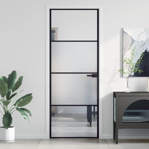 Tidyard Internal Door Panel Interior Bathroom Door Glass Door Slim Black 76x201.5 cm Tempered Glass and Aluminium for Office Kitchen Bathroom Doors Type4 Hardware