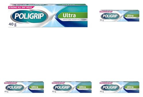 Poligrip Denture Adhesive Cream, False Teeth and Partials Fixative, Ultra, 40 g (Pack of 5)