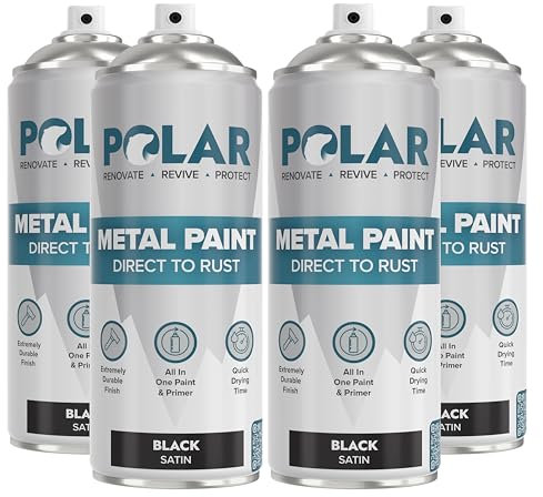 Polar Direct to Rust Satin Black Metal Spray Paint - 4 x 400ml - Perfect for Metal, Wood, Furniture, Rust - Outdoor & Indoor Surfaces - Easy to Apply - 3 in 1 Primer, Undercoat & Topcoat