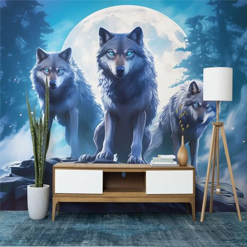 3D Tapete Tier Wolf Mond Fototapete, Blau Wandbild Wandtapete Haupt dekorationen für Wohnzimmer Schlafzimmer Büro, Flur, 350 x 256 cm (WxH) Vlies Tapete Wanddeko