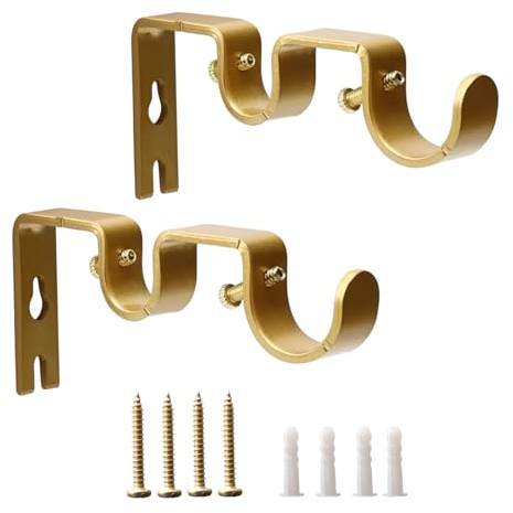 Shonmogar Soporte doble para barra de cortina, paquete de 2 soportes de metal para barra de cortina, soporte de cortina doble resistente para decoración de dormitorio, sala de estar, dorado