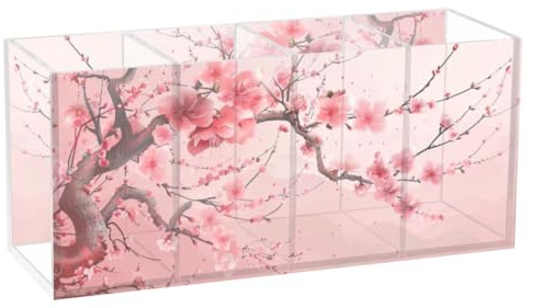 JUMBEAR Pot à crayons japonais Sakura Pagoda en acrylique, 4 compartiments - Pot à crayons transparent - Rangement de papeterie de bureau, pinceaux de maquillage pour bureau, organiseur en acrylique