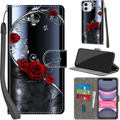 Haninsuze Case for iPhone 11 6.1-Inch, Sliver Butterfly | PU Leather, 3 Card Holder, Wallet Book Flip, Folio Stand View, Magnetic, Multi-Pattern Cover, Lanyard Strap