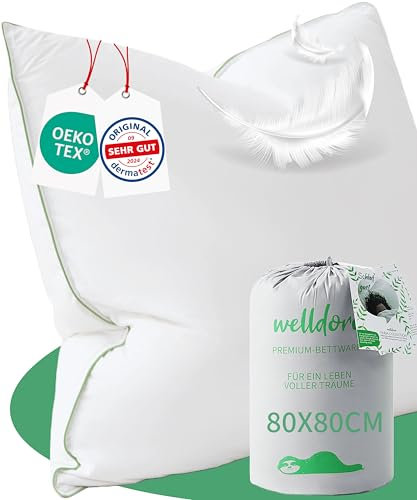 Welldora Premium Kopfkissen 40x40 | 100% natürliche Daunenfasern & Federn | Ergonomisch optimiert 3 Kammern Nackenstützkissen | Mittelfestes Kissen fachärztlich geprüft, Oeko-Tex zert. in Deutschland