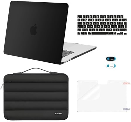 MOSISO Funda Compatible con MacBook Air 15 Pulgadas 2026 2025-2023 M5 M4 M3 | M2 A3448 A3241 A3114 A2941, Carcasa Plástico& Bolsa Puffy&Tapa Teclado&Cubierta Webcam&Protector Pantalla,Negro