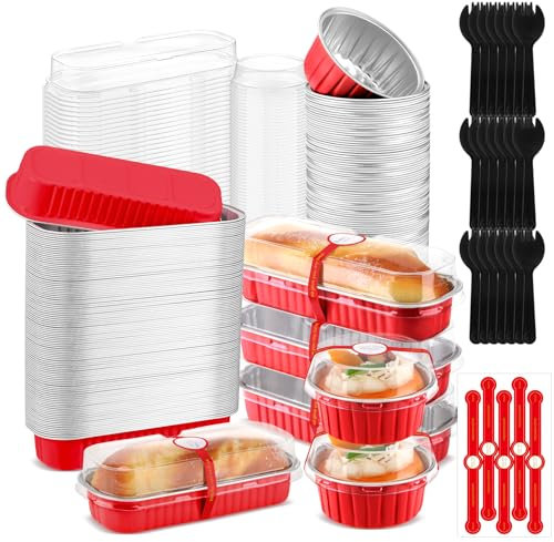 600 Pcs Mini Loaf Pans with Lids and Spoons Bulk 100 Pack 6.8oz Aluminum Foil Rectangle Baking Pans and 100 Pack 5oz Disposable Baking Cupcake Cups 200 Sealing Stickers and 200 Spoons(Red)