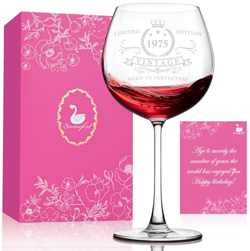 Swanfort 1975 Wine Glass, 50th Birthday Gift for Women, Vintage Red Wine Glass, Elegant and Funny Present for Her, Mum, Friend or Sister, 50 Years of Fabulous