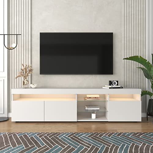 Meuble TV LED moderne, meuble TV en bois avec 3 armoires et 5 étagères, armoires de centre de divertissement pour chambre à coucher, salon, mobilier de bureau, 180 cm (blanc)