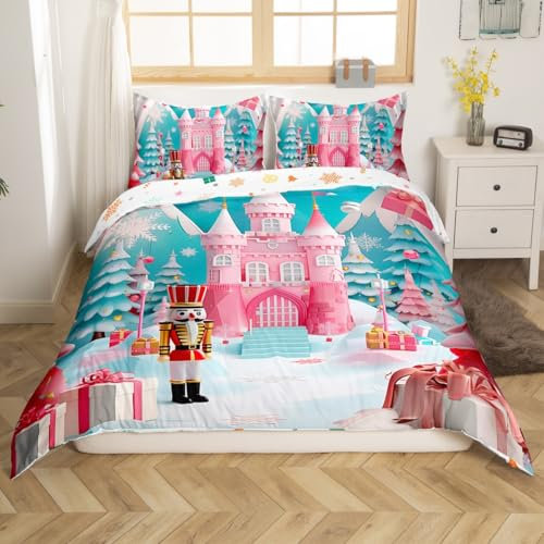Loussiesd Kids Pink Castle Christmas Nutcracker Duvet Cover,Xmas Tree Nutcracker Bedding Set Double Size,Boys Girls Room Decor,Princess Girly Comforter Cover,Christmas Bedspread Cover