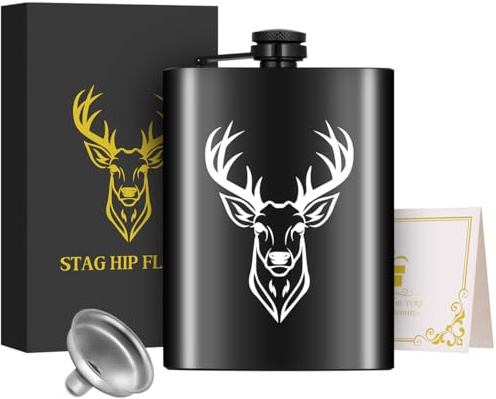 8oz/237ml Edelstahl Flachmann, Taschenflasche, Weißer Hirschkopf Muster | Geschenke für Jäger, Hirschjagd Flachmann, mit Trichter und Grußkarte, Geschenkbox, Camping, Wandern und Outdoor Aktivitäten