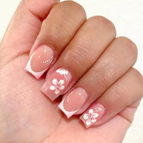 MouyouGlow Press on-naglar, korta, fyrkantiga, naken, rosa, vit, fransk, hibiskus, blommigt design, med nagellim, söta, blommor, naturliga, rosa bas, vita spetsar, konstgjorda naglar
