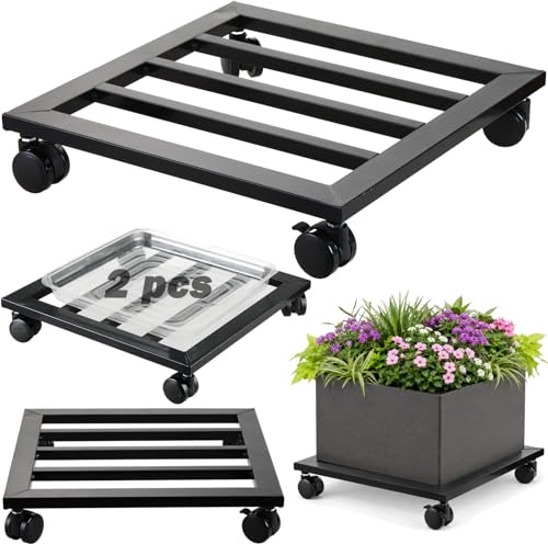 2 Packungen 40,6 cm extra großer Metall-Pflanzkorb mit PU-Rädern, quadratischer Pflanzgefäß, Dolly Pot Mover Rollen, Eisen, rollende Pflanzenständer, für drinnen und draußen, Pflanzenhalter