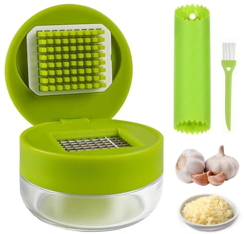 3pcs Knoblauchpresse Set, Knoblauchzerkleinerer Edelstahl mit Silikon Knoblauchschäler & Reinigungsbürste, Mini-Dose Knoblauchpresse Spülmaschinenfest, für Zerkleinerten Knoblauch Ingwer und Obst