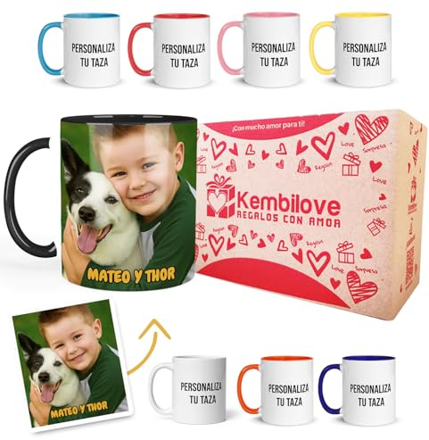 Kembilove® Taza personalizada con foto de niño o mascota | Regalo original con caja decorada | Ideal para cumpleaños familia o amigos