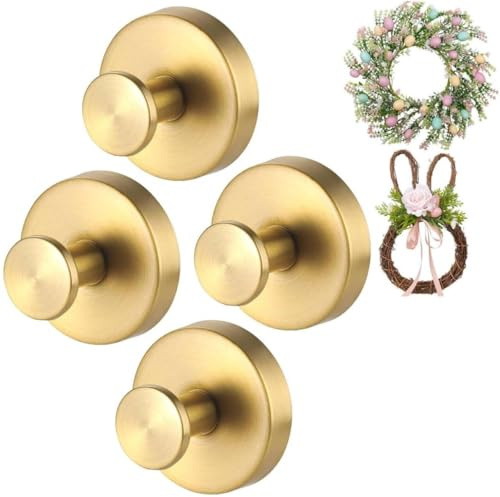 Lot de 4 crochets à ventouse dorés en acier inoxydable robuste de 6,8 kg pour couronne, porte, décorations d'automne, Halloween, Noël, panneau de bienvenue pour porte d'entrée, intérieur et extérieur