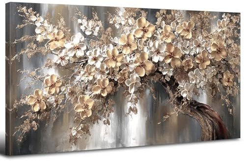 AREBOLO Baum des Lebens Leinwandbild 50x100 cm XL, Vintage Luxus Wanddeko Blumen Natur Wandbilder, Kunstdruck Canvas für Wohnzimmer Schlafzimmer Esszimmer, Weiß Gold Beige Wanddekoration als Geschenk