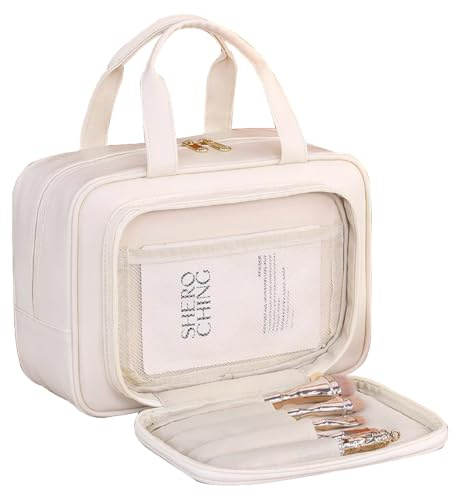 SYEXDZON Borsa da Toilette full size, Grande Sacchetto per Trucco a Grande Apertura, Borsa Cosmetica di Viaggio con Multi-scomparti (Beige)
