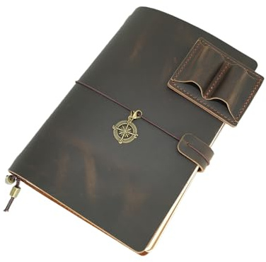 JJNUSA Läder A5 21 * 14 cm resenärsanteckningsbok Handgjord äkta läderjournalfodral Påfyllningsbar resejournal med innerfickor och kortplatser samt pennhållare Mörkbrun