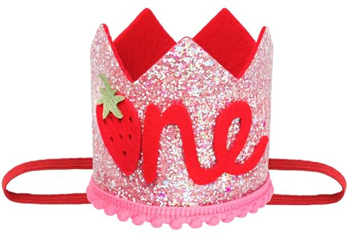 Geburtstagskrone,Erdbeer 1 Geburtstagshut,Berry First Birthday Hut,Süße 1st Geburtstag Kopfschmuck mit Rosa Pailletten,Erdbeerkrone Niedlicher Hut für Kleinkind Mädchen Partyzubehör 1 Geburtstag