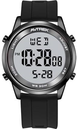 AVTREK Montre Digitale Étanche Hommes Ultra Mince, Montre Numerique Homme multifonctionnelle avec Rétroéclairage, 5 Alarmes, Minuterie, Date, Countdown, Silicone Bracelet pour Outdoor et Loisirs