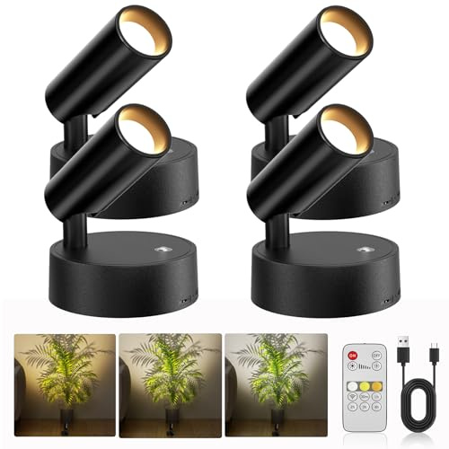 Bonsery 5500 mAh Akku Wandleuchte 4er Set, Dimmbare & 3 Farben 3000-6500 K Spotlight mit Fernbedienung, 350° schwenkbarer Strahler, magnetisch kabelloser Wandspot für Bilder Pflanzen Schlafzimmer