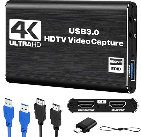 4K HDM Audio Video Capture Card, 1080P 30FPS USB 3.0 Full HD 4K@30Hz Game Streaming Capture Cards Device Compatible with PS5 PS4 Switch Xbox OBS Mac Linux Windows Camera Live Broadcasting Recording